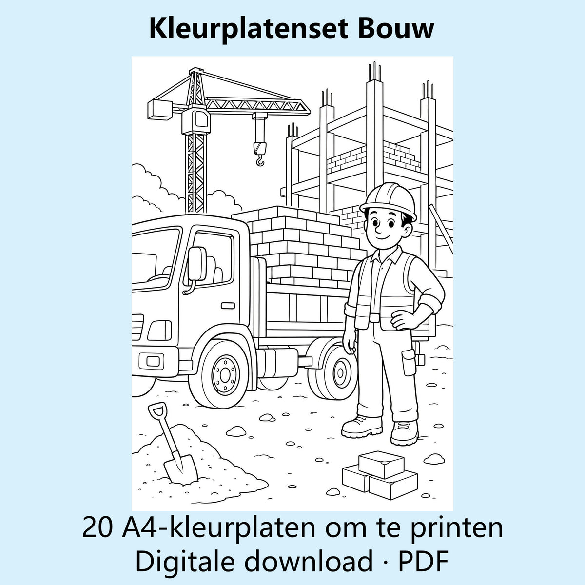Digitale kleurplatenset Bouw met voorbeelden van zwart-witte A4-kleurplaten rond bouwen en bouwmachines.