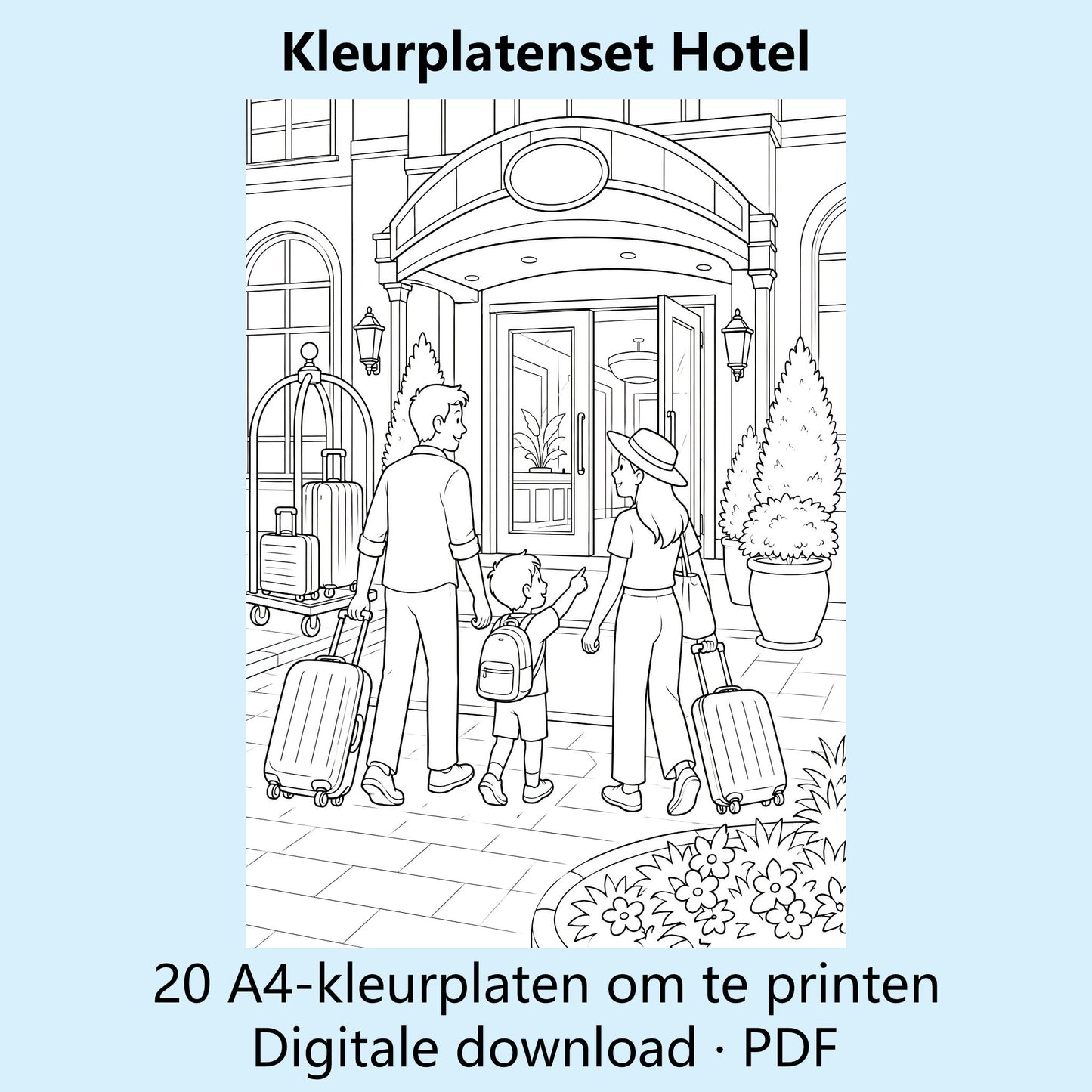 Digitale kleurplatenset Hotel met voorbeelden van zwart-witte A4-kleurplaten.
