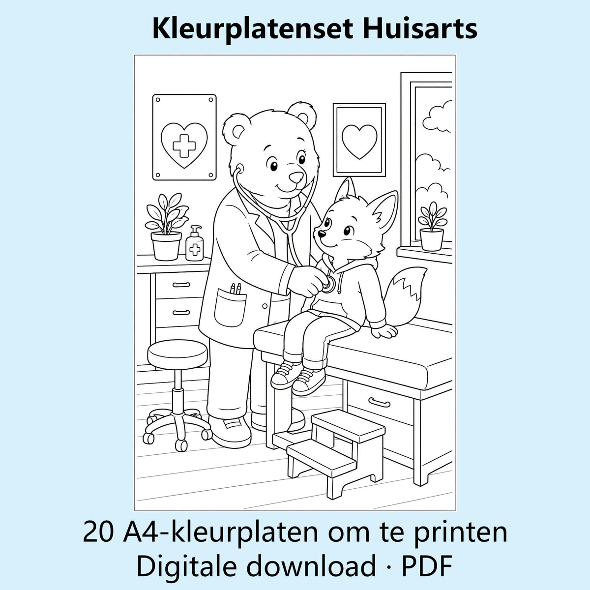 Digitale kleurplatenset Huisarts met voorbeelden van zwart-witte A4-kleurplaten over de huisartsenpraktijk.
