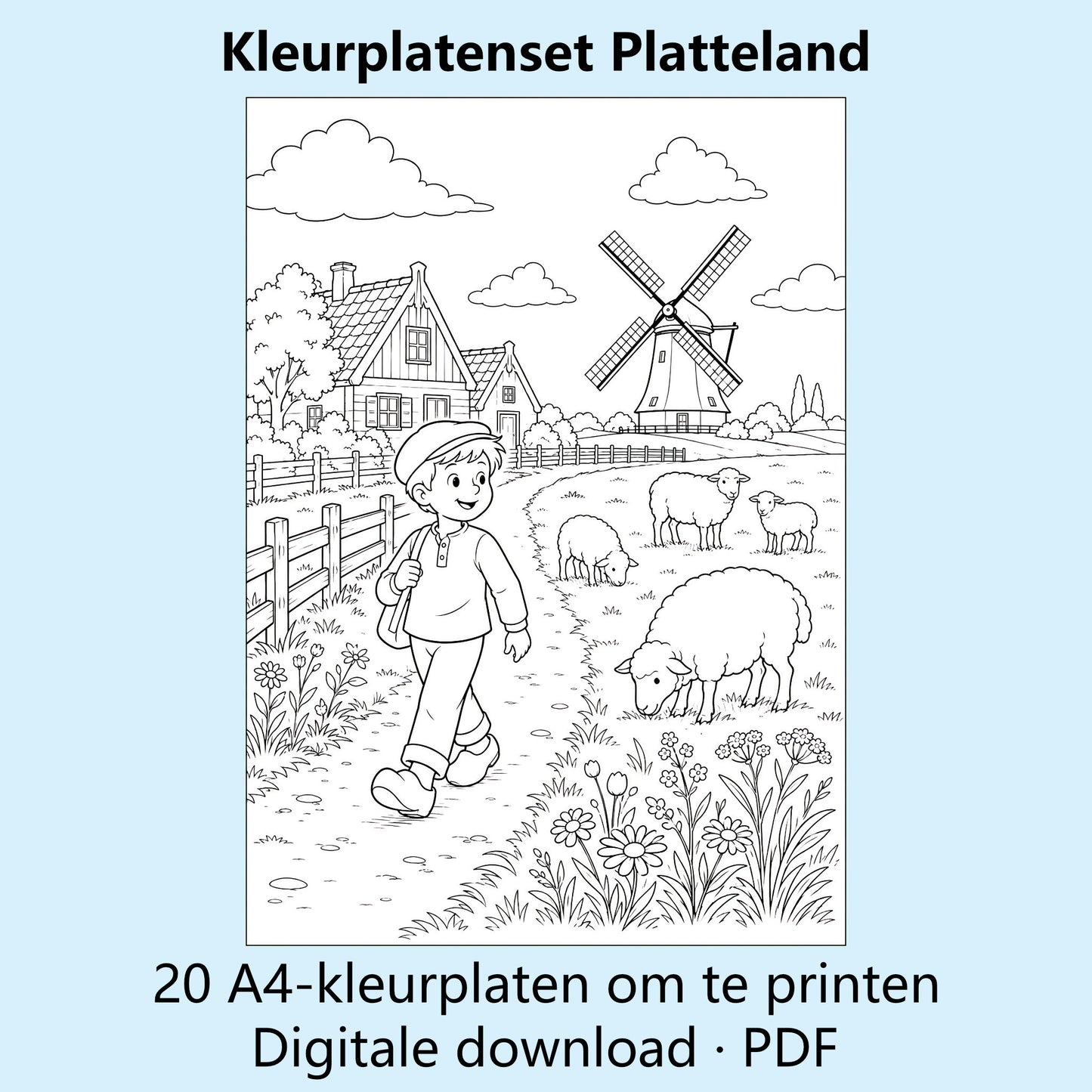 Digitale kleurplatenset Platteland met voorbeelden van zwart-witte kleurplaten met boerderijen en landelijke taferelen.