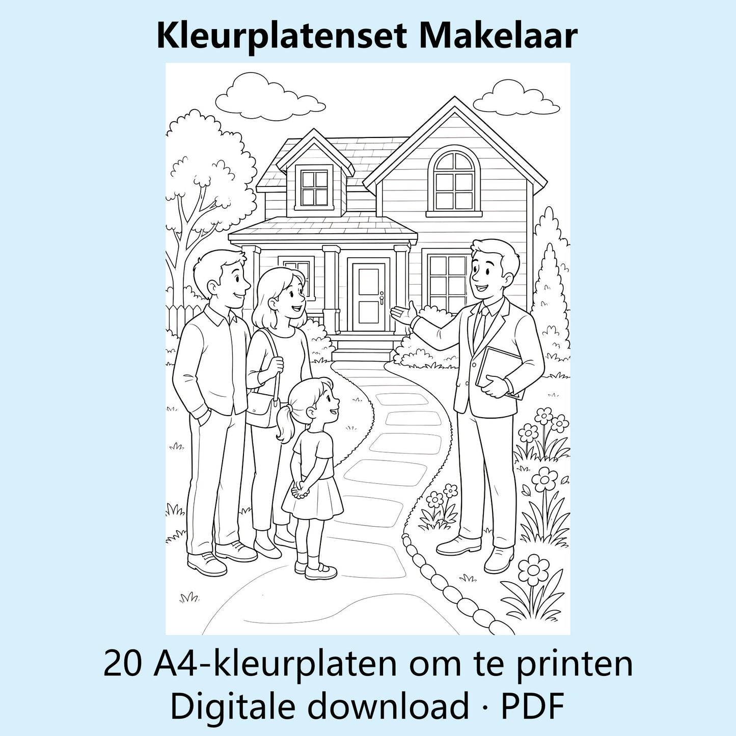 Digitale kleurplatenset Makelaar met voorbeelden van zwart-witte A4-kleurplaten rond huizen en wonen.