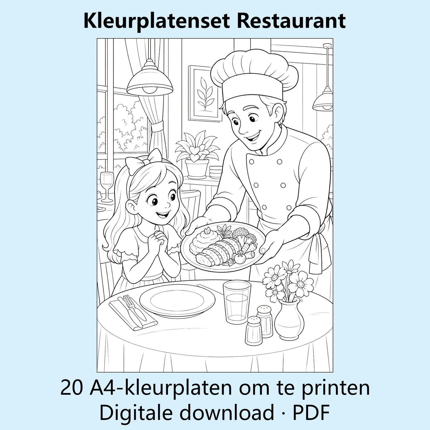 Digitale kleurplatenset Restaurant met voorbeelden van zwart-witte A4-kleurplaten rond restaurants en eten.