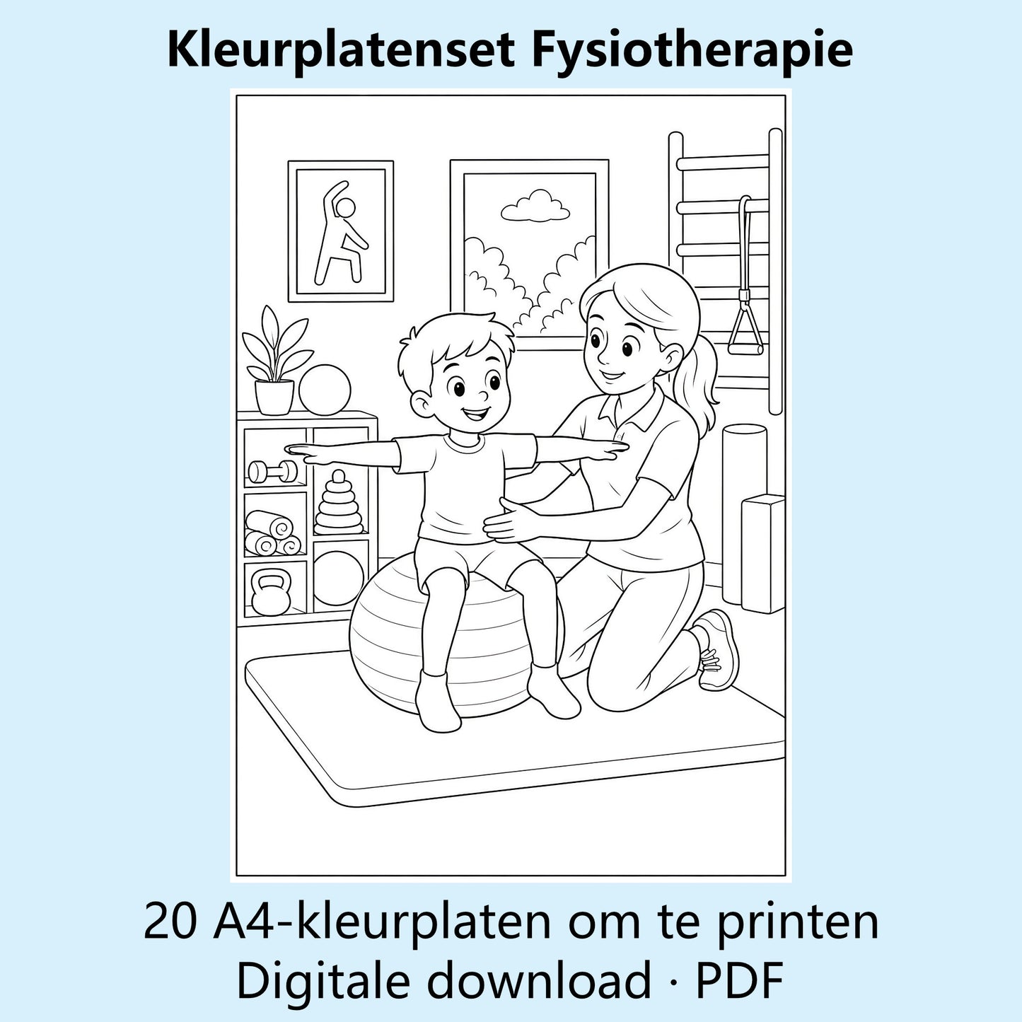 Digitale kleurplatenset Fysiotherapie met voorbeelden van zwart-witte A4-kleurplaten.