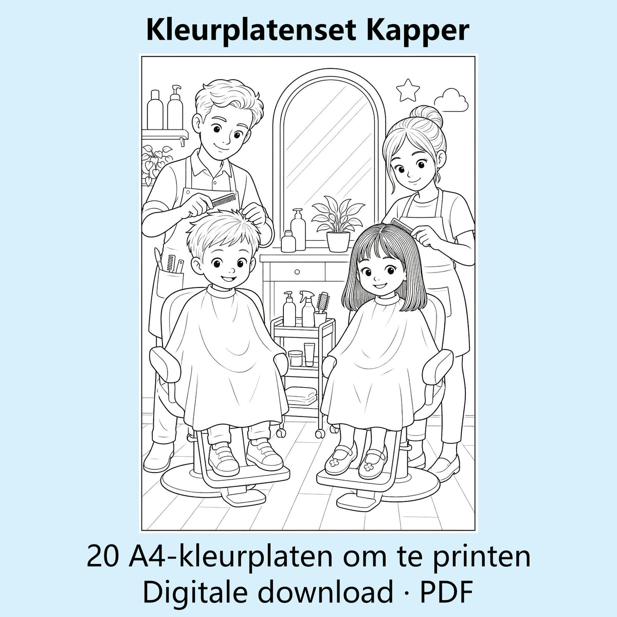 Digitale kleurplatenset Kapper met voorbeelden van zwart-witte A4-kleurplaten over de kapsalon.
