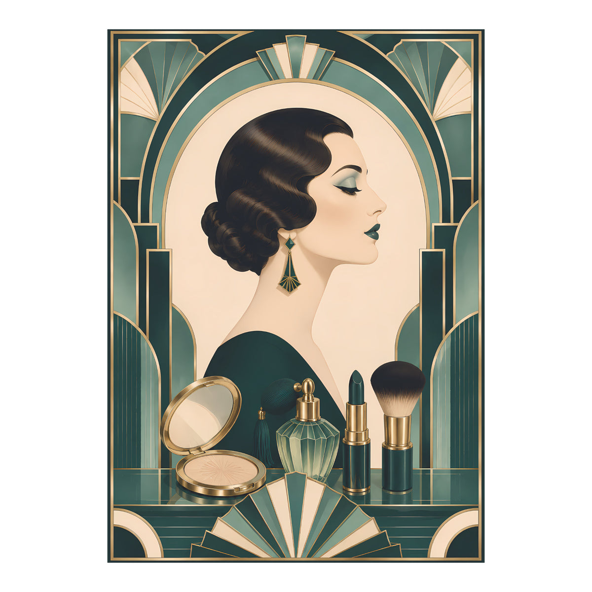 Art-decoposter met vrouw in zijaanzicht, donker golvend haar en cosmetica in donkergroene, crème en gouden tinten.