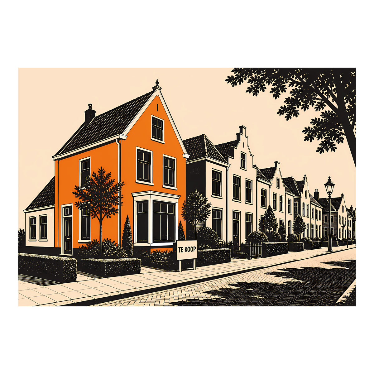 Grafische poster met oranje woning in een Nederlandse straat en een bord met de tekst Te Koop
