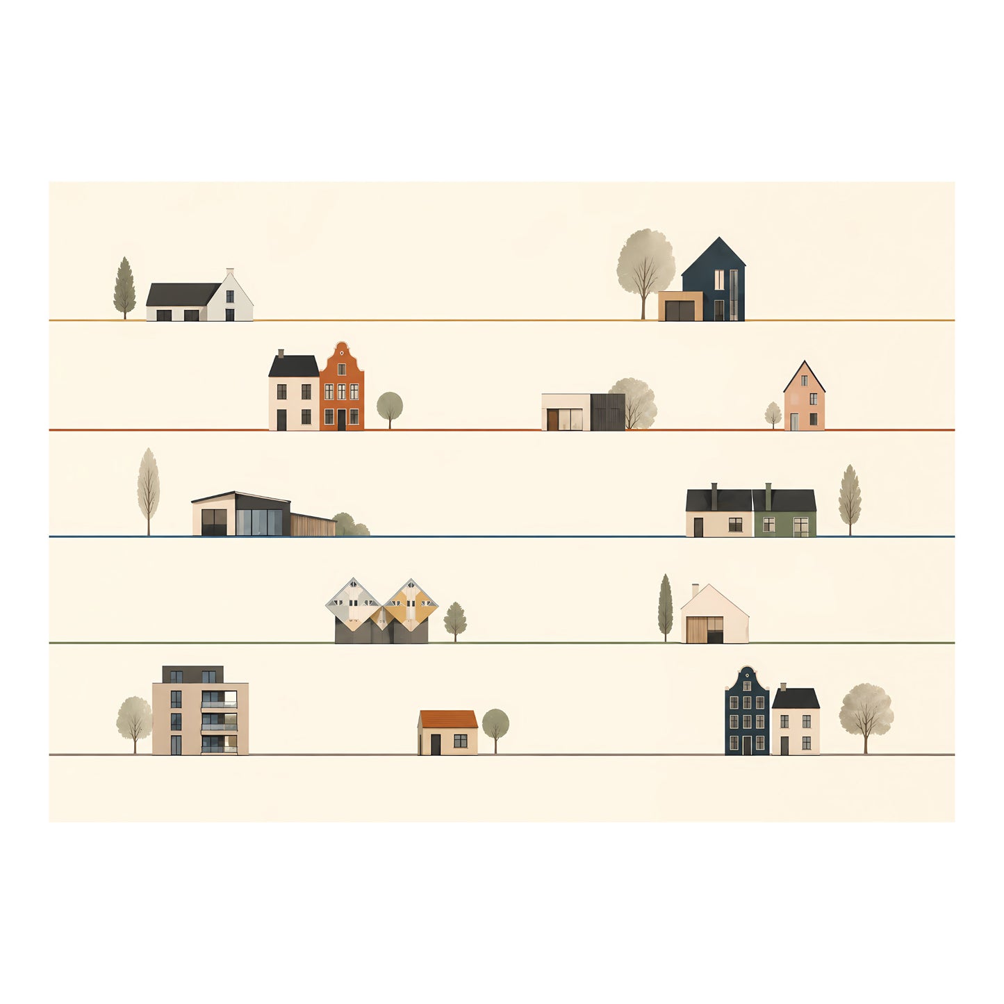 Grafische poster met verschillende woningtypen in vijf horizontale rijen, waaronder vrijstaande huizen, moderne woningen en appartementen