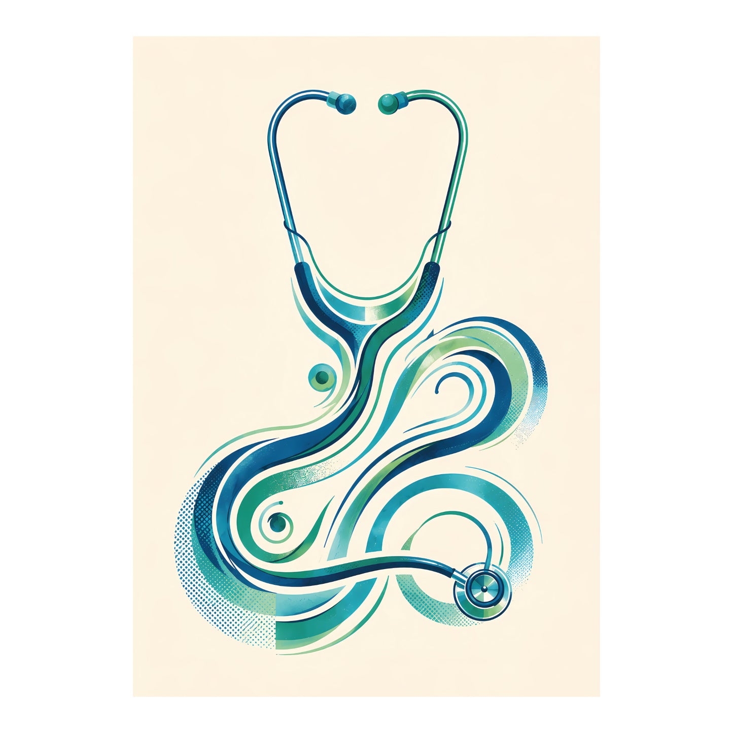 Grafische poster met stethoscoop en vloeiende blauwe en groene vormen voor huisartsenpraktijk of zorgomgeving