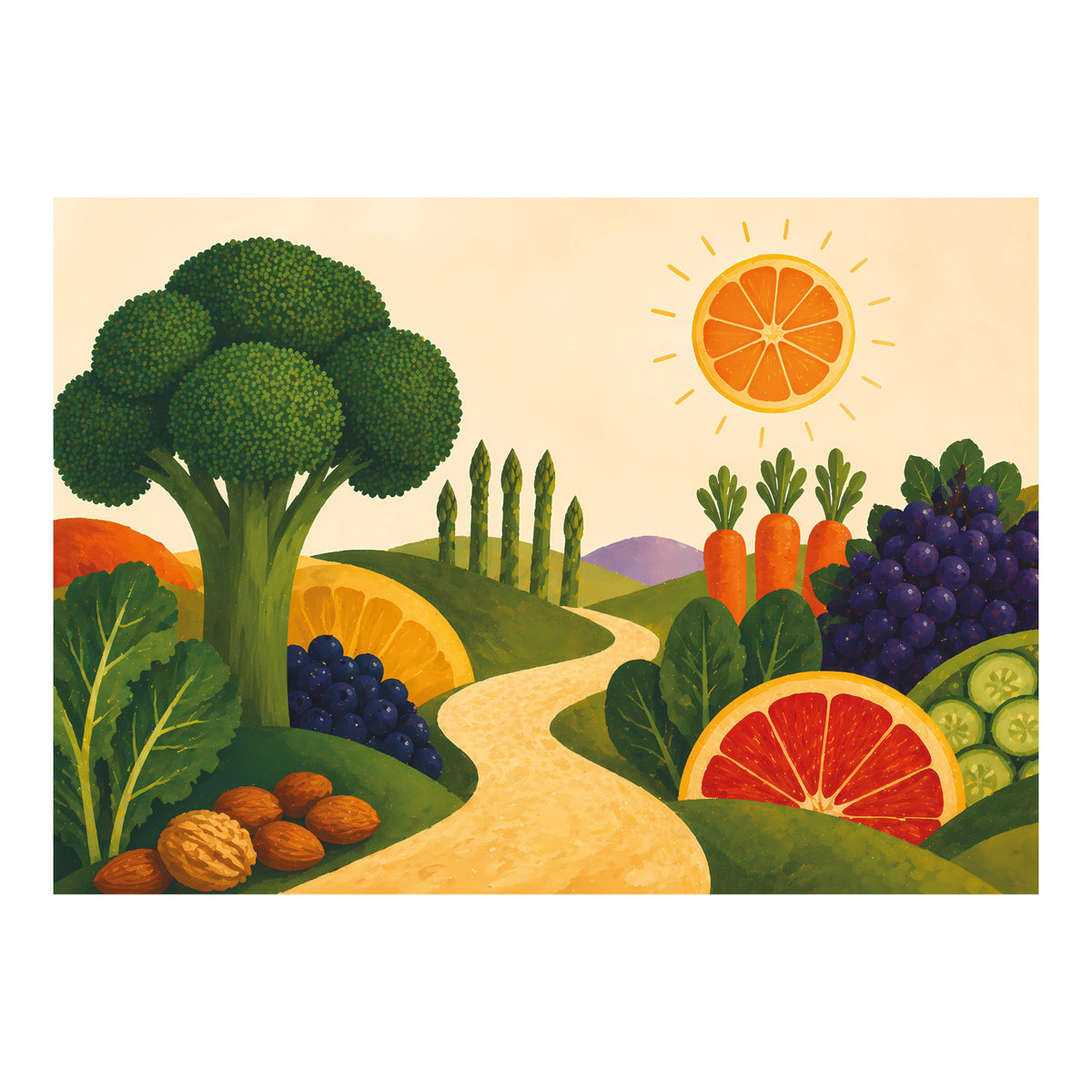 Poster met landschap van groenten, fruit en noten voor diëtistenpraktijk of horeca