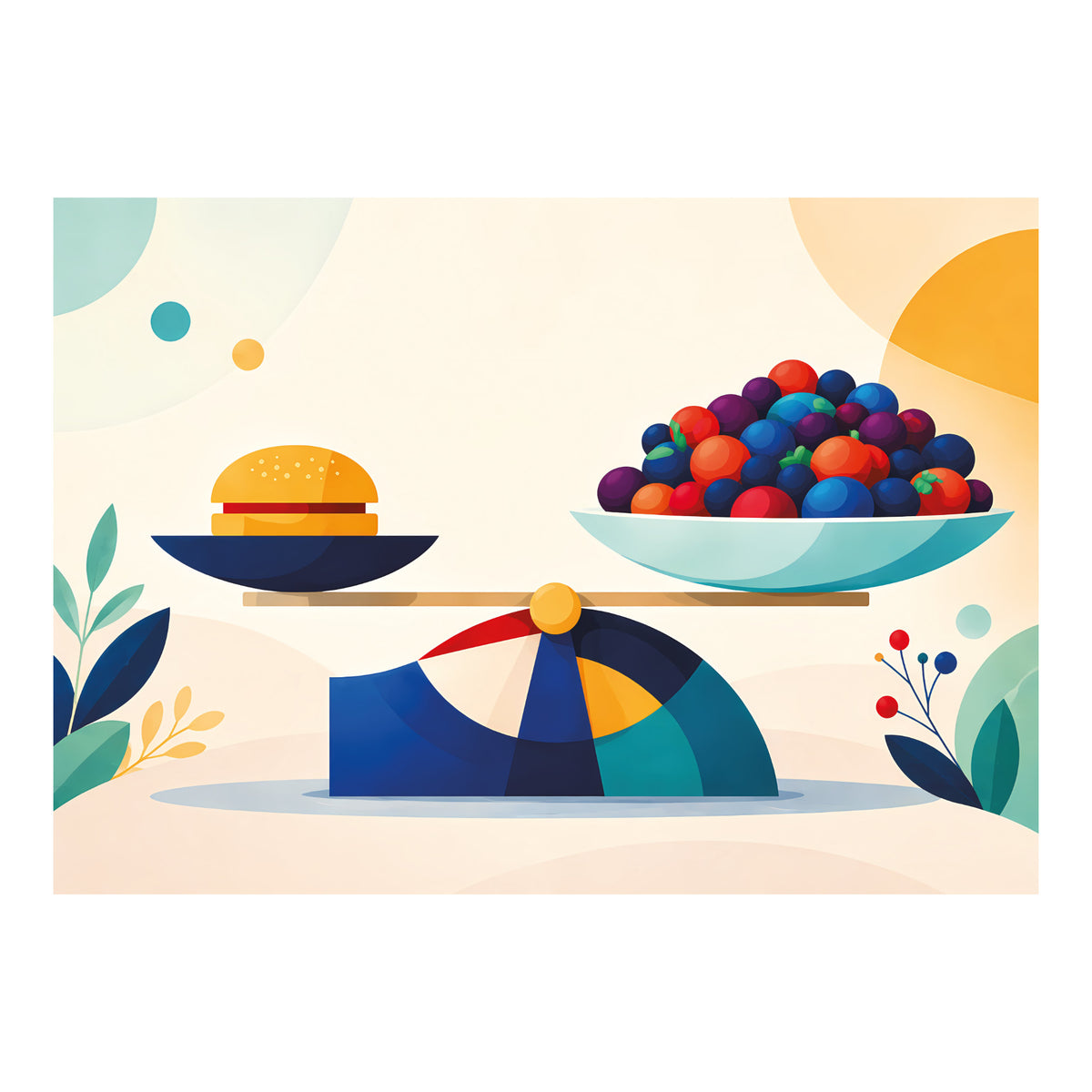 Grafische poster met weegschaal, hamburger en schaal met fruit voor diëtistenpraktijk of horeca
