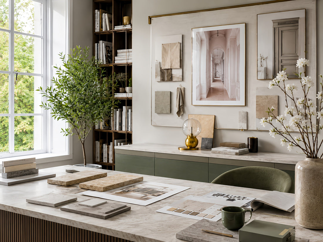 Lichte werkruimte met planten en ingelijste beelden aan de muur.