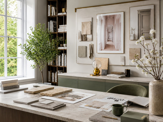Lichte werkruimte met planten en ingelijste beelden aan de muur.