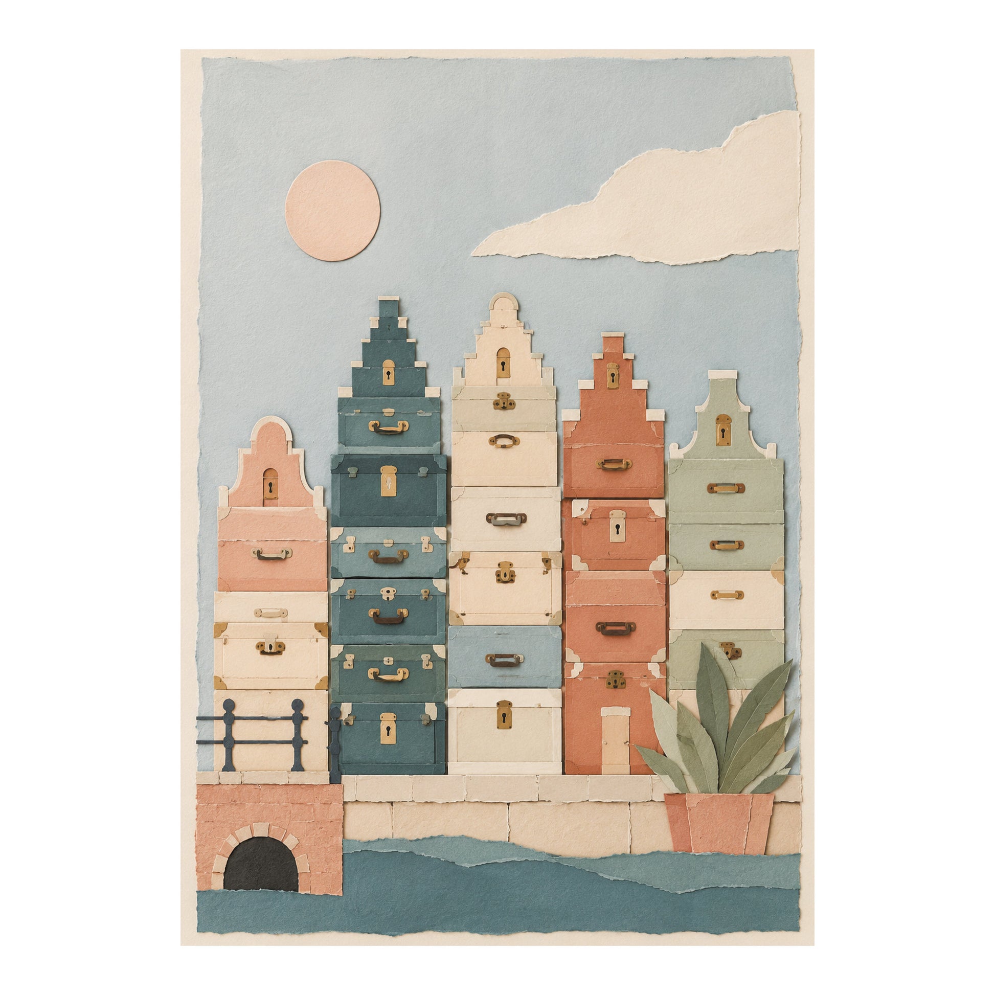 A1-poster met gestileerde stadshuizen opgebouwd uit koffers in zachte pastelkleuren. Geschikt voor hotels, cafés, restaurants en andere horecazaken.