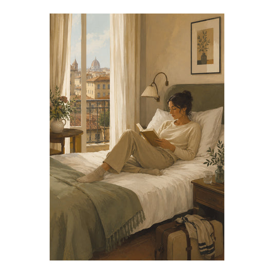 Poster met een vrouw die op een hotelbed een boek leest, met koffers naast het bed en uitzicht op een historische stad door open balkondeuren.