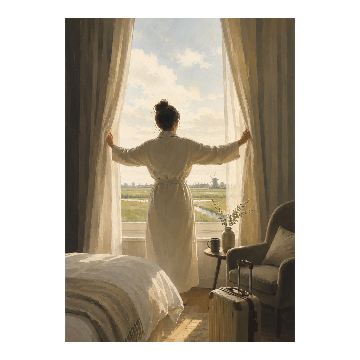 Poster met vrouw in witte badjas die de gordijnen opent in een hotelkamer, met koffer, fauteuil en uitzicht op weilanden en een molen.