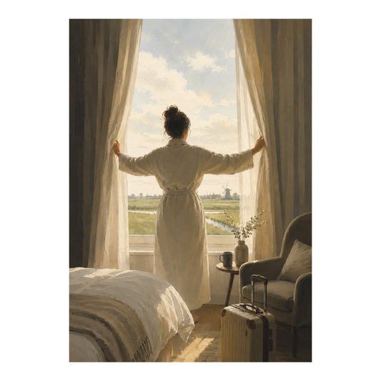 Poster met vrouw in witte badjas die de gordijnen opent in een hotelkamer, met koffer, fauteuil en uitzicht op weilanden en een molen.
