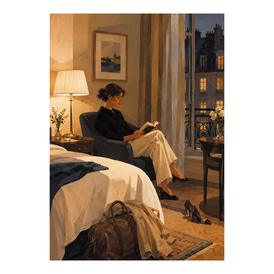 Poster met vrouw die ’s avonds in een fauteuil een boek leest in een hotelkamer, met bed, leren reistas en uitzicht op verlichte stadsdaken.