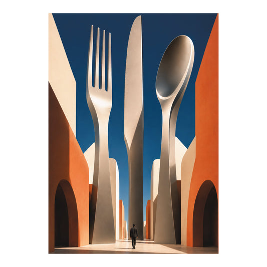 Surrealistische poster met een persoon tussen reusachtige vork, mes en lepel die als gebouwen oprijzen in een geometrische straat.