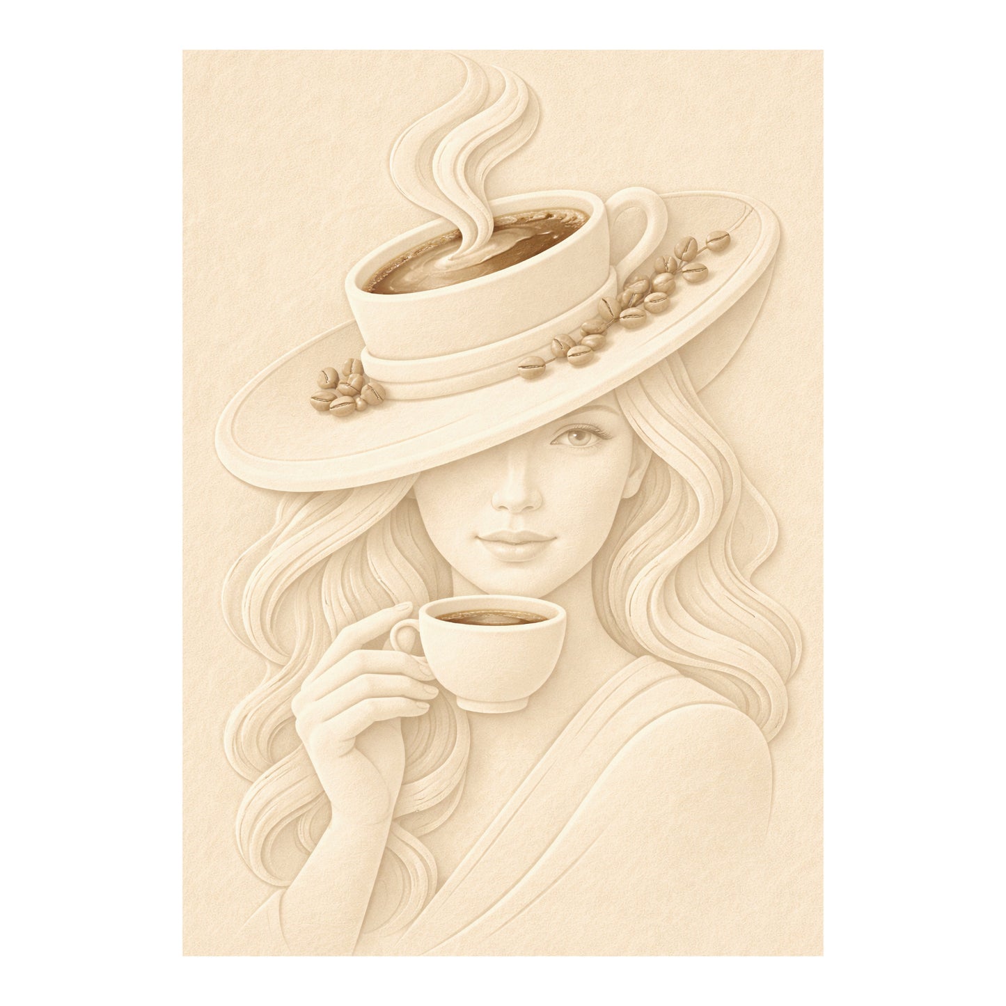 Crèmekleurige poster met vrouw die een kop koffie vasthoudt en een brede hoed draagt met een grote koffiekop, koffiebonen en stoom.