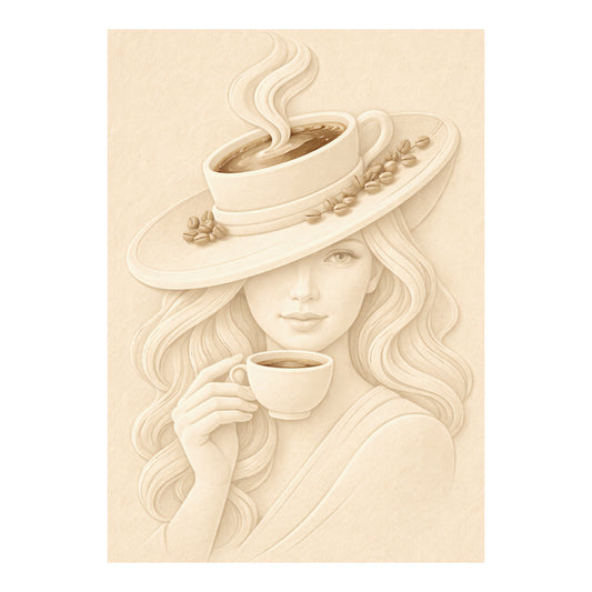Crèmekleurige poster met vrouw die een kop koffie vasthoudt en een brede hoed draagt met een grote koffiekop, koffiebonen en stoom.