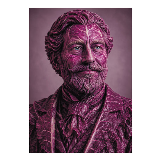Portretposter van een man met snor en baard die volledig is opgebouwd uit paarse bladeren van rode kool.
