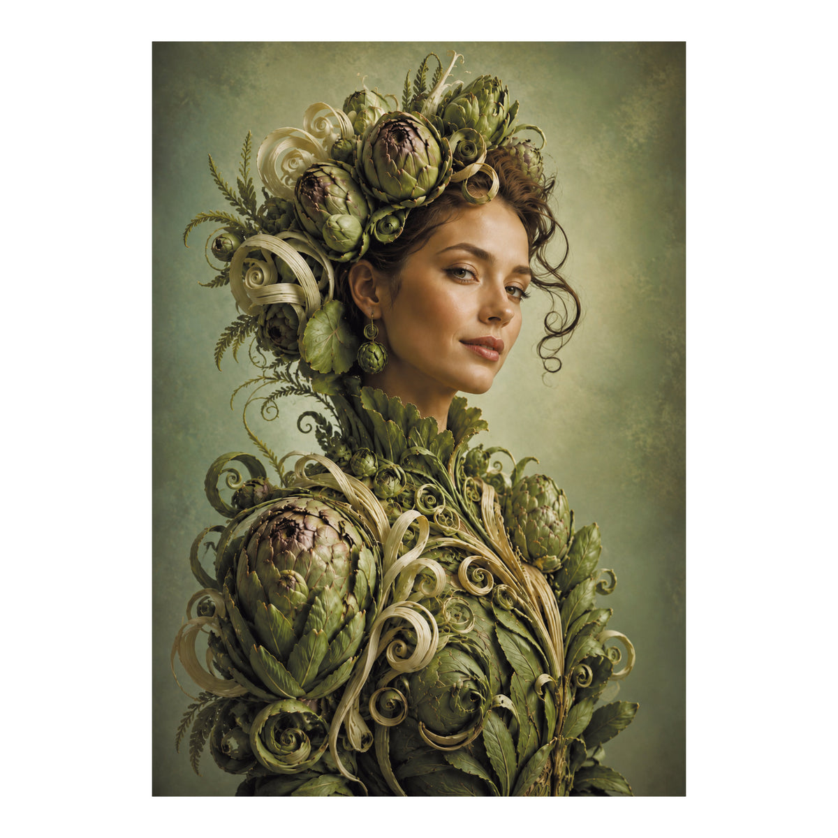 Portretposter van een vrouw met een hoofdtooi en kleding van groene artisjokken, bladeren en sierlijk gekrulde stengels.
