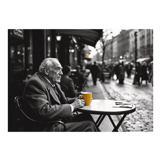 Zwart-witposter met oudere man aan een tafeltje op een druk caféterras, terwijl hij een gele koffiekop vasthoudt.