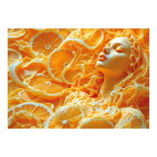 Poster met vrouw met gesloten ogen tussen sinaasappelschijfjes en kronkelende sinaasappelschillen in heldere oranje tinten.