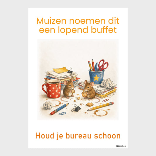 Kantoorposter met twee muizen tussen koekjeskruimels, papier en kantoorartikelen op een rommelig bureau, met de tekst ‘Houd je bureau schoon’.