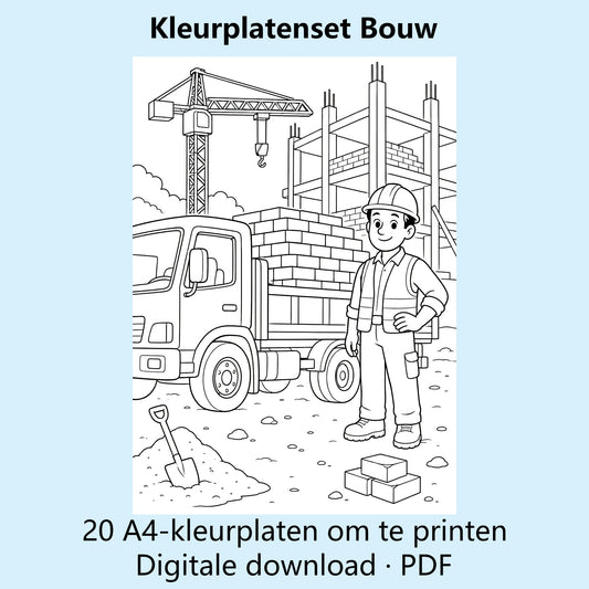 Digitale kleurplatenset Bouw met voorbeelden van zwart-witte A4-kleurplaten rond bouwen en bouwmachines.