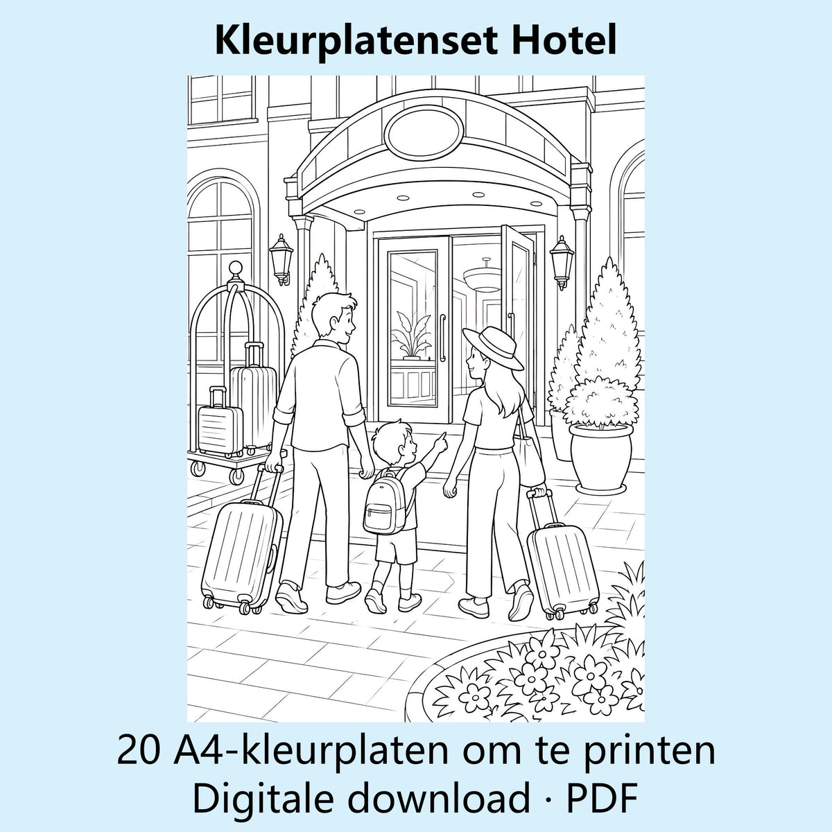Digitale kleurplatenset Hotel met voorbeelden van zwart-witte A4-kleurplaten.