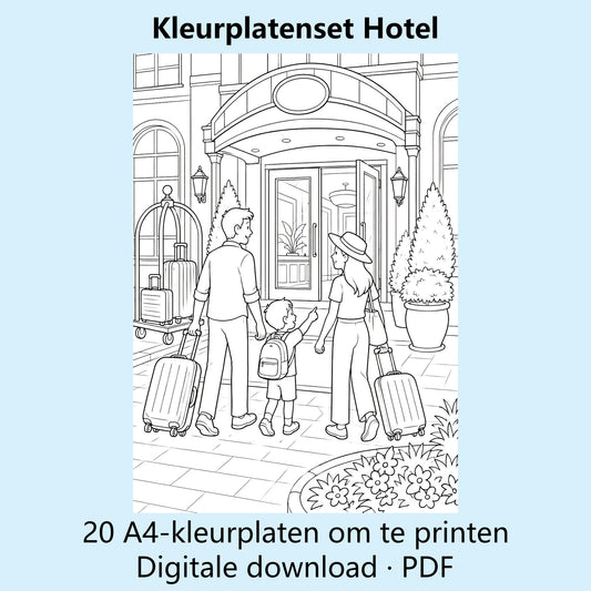 Digitale kleurplatenset Hotel met voorbeelden van zwart-witte A4-kleurplaten.