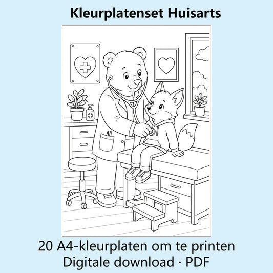 Digitale kleurplatenset Huisarts met voorbeelden van zwart-witte A4-kleurplaten over de huisartsenpraktijk.