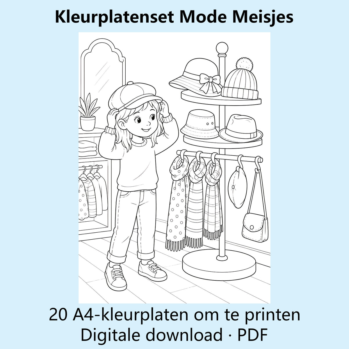 Digitale kleurplatenset Mode Meisjes met voorbeelden van zwart-witte kleurplaten rond kleding en mode.