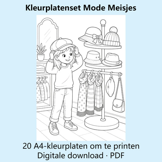 Digitale kleurplatenset Mode Meisjes met voorbeelden van zwart-witte kleurplaten rond kleding en mode.