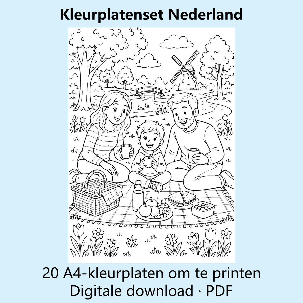 Digitale kleurplatenset Nederland met voorbeelden van zwart-witte A4-kleurplaten met Nederlandse taferelen.