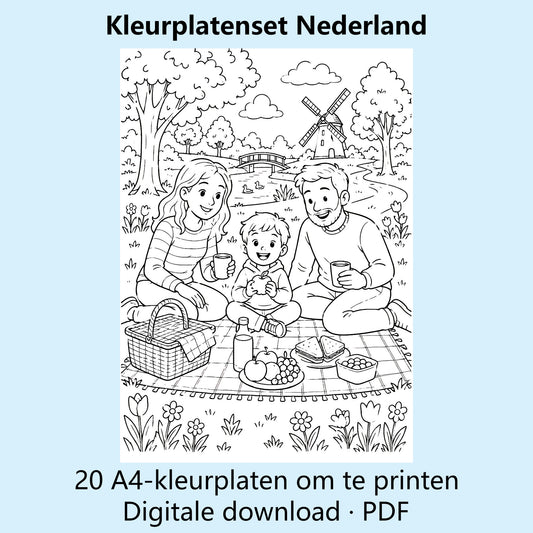Digitale kleurplatenset Nederland met voorbeelden van zwart-witte A4-kleurplaten met Nederlandse taferelen.