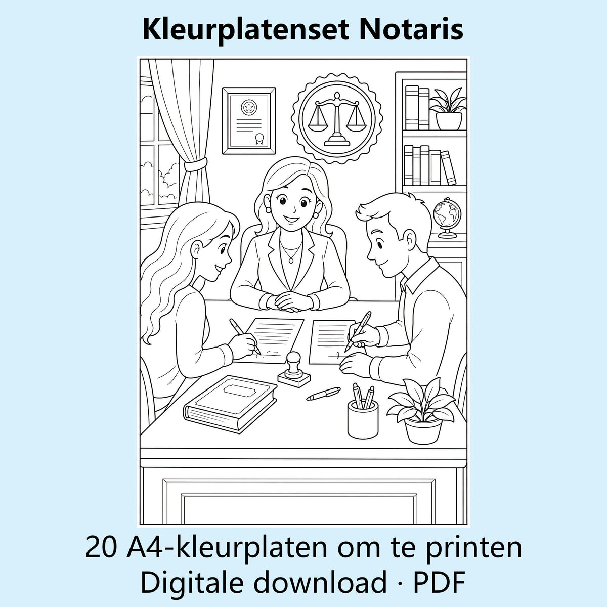 Digitale kleurplatenset Notaris met voorbeelden van zwart-witte A4-kleurplaten voor een notariskantoor.