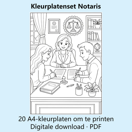 Digitale kleurplatenset Notaris met voorbeelden van zwart-witte A4-kleurplaten voor een notariskantoor.