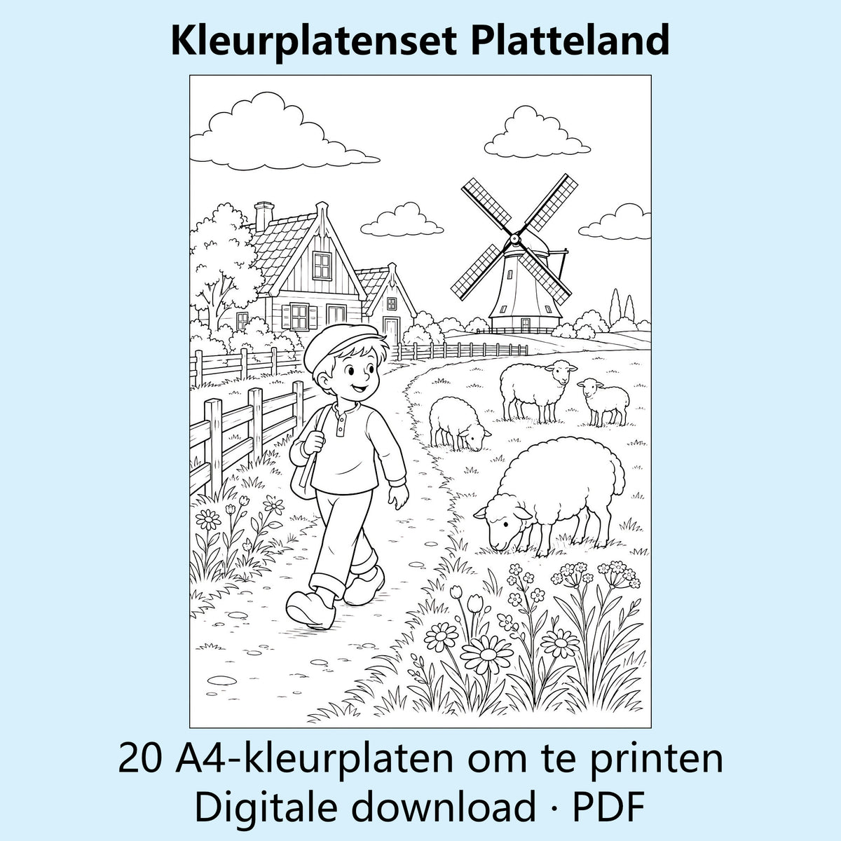 Digitale kleurplatenset Platteland met voorbeelden van zwart-witte kleurplaten met boerderijen en landelijke taferelen.