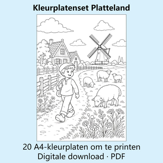 Digitale kleurplatenset Platteland met voorbeelden van zwart-witte kleurplaten met boerderijen en landelijke taferelen.