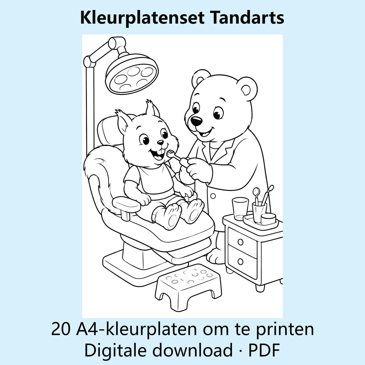 Digitale kleurplatenset Tandarts met voorbeelden van zwart-witte A4-kleurplaten over tandartsbezoek en mondzorg.