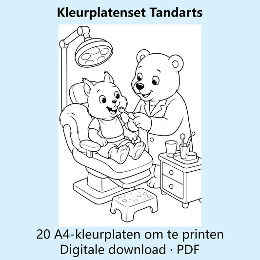 Digitale kleurplatenset Tandarts met voorbeelden van zwart-witte A4-kleurplaten over tandartsbezoek en mondzorg.