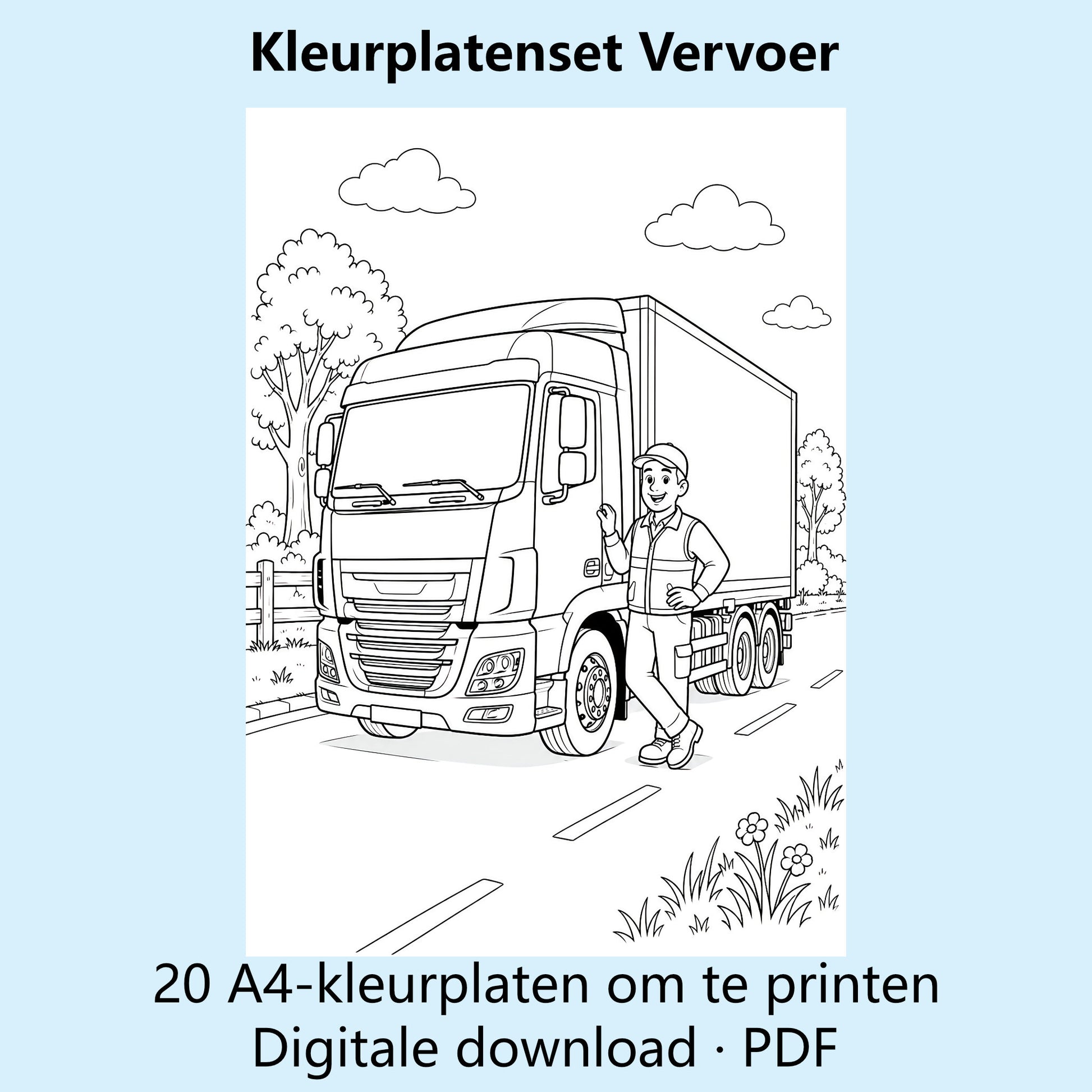 Digitale kleurplatenset Vervoer met voorbeelden van zwart-witte A4-kleurplaten met verschillende vervoermiddelen.