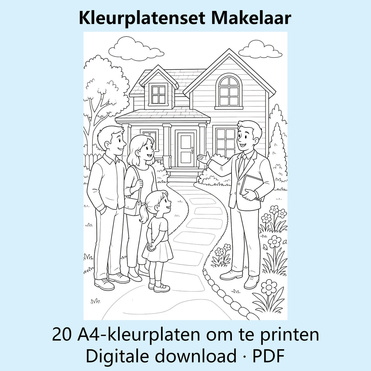 Digitale kleurplatenset Makelaar met voorbeelden van zwart-witte A4-kleurplaten rond huizen en wonen.