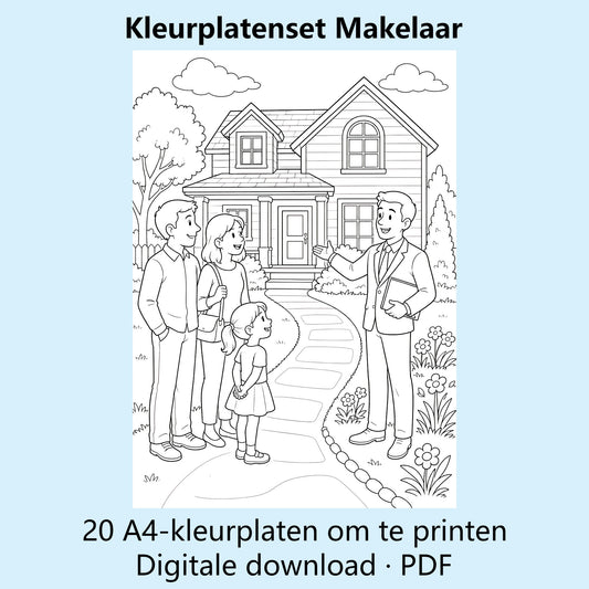 Digitale kleurplatenset Makelaar met voorbeelden van zwart-witte A4-kleurplaten rond huizen en wonen.