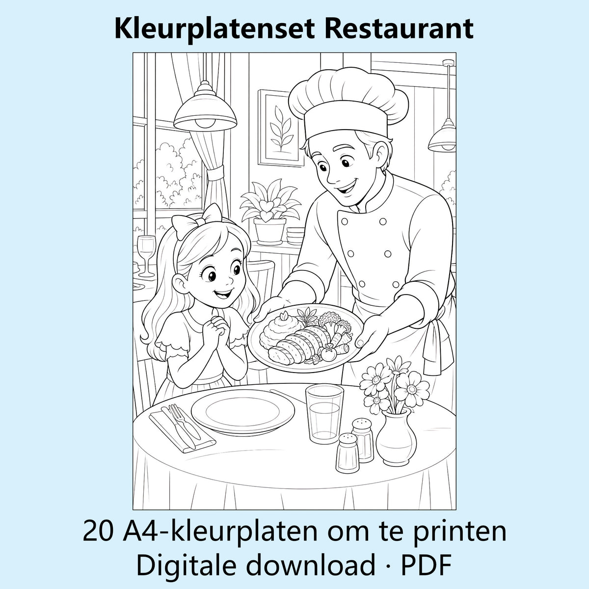 Digitale kleurplatenset Restaurant met voorbeelden van zwart-witte A4-kleurplaten rond restaurants en eten.