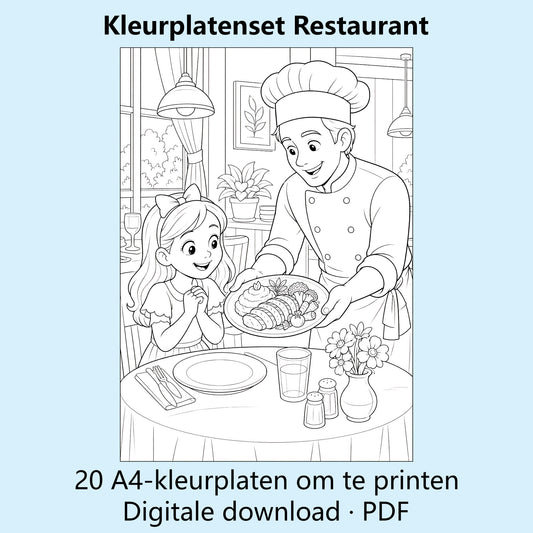 Digitale kleurplatenset Restaurant met voorbeelden van zwart-witte A4-kleurplaten rond restaurants en eten.