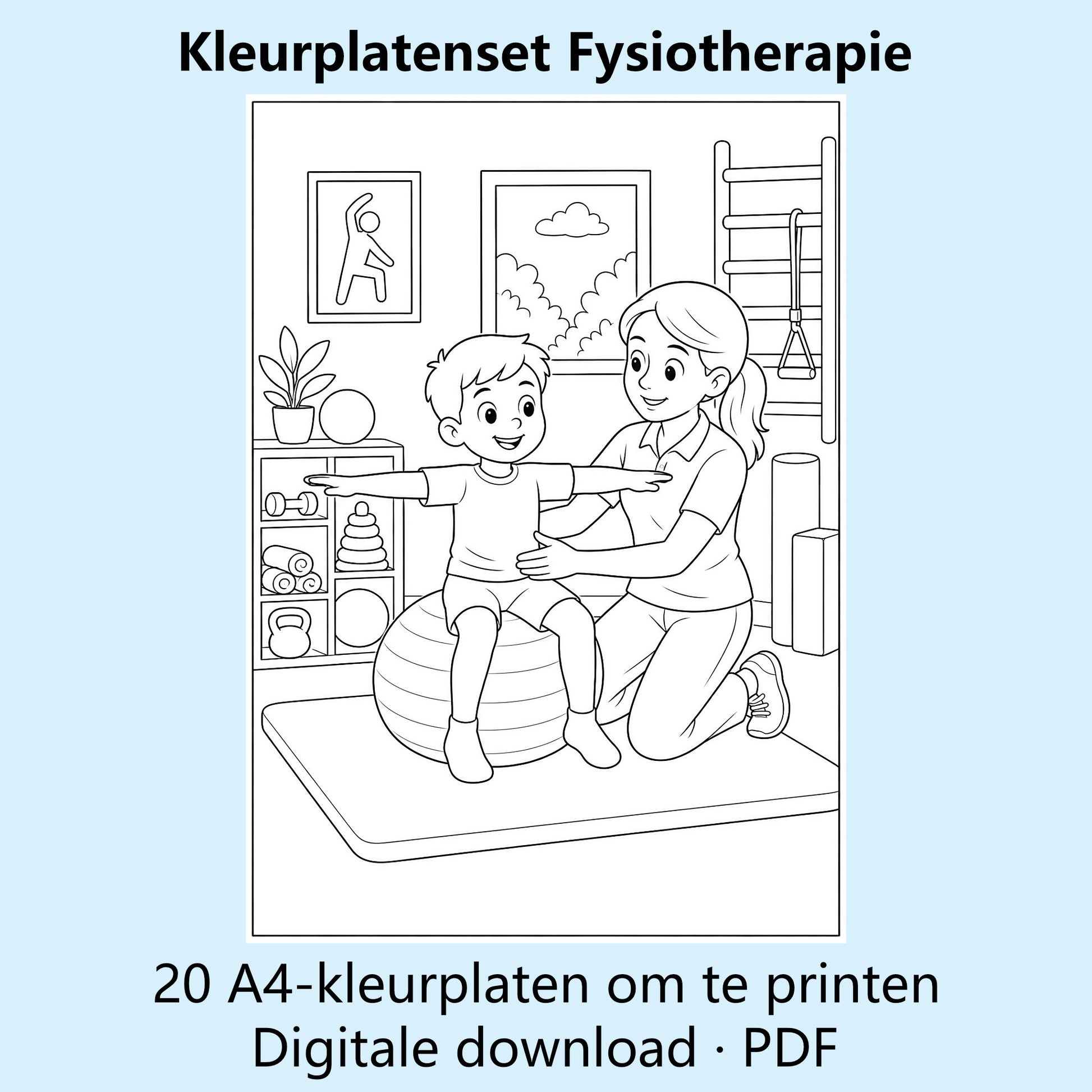 Digitale kleurplatenset Fysiotherapie met voorbeelden van zwart-witte A4-kleurplaten.