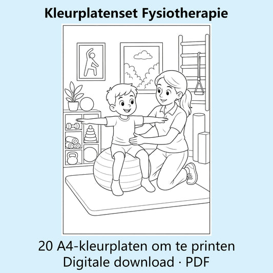 Digitale kleurplatenset Fysiotherapie met voorbeelden van zwart-witte A4-kleurplaten.